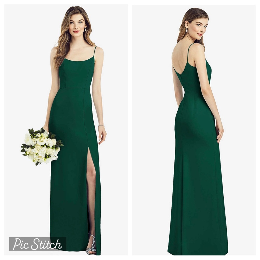 - SPAGHETTI STRAP V-BACK CREPE GOWN WITH FRONT SLIT IN HUNTER GREEN